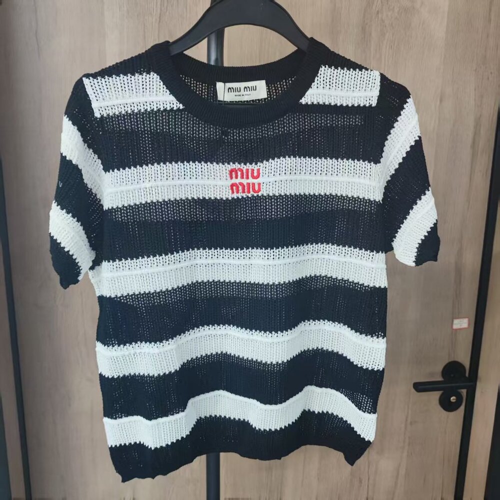 Miu Miu Women's Black and White Striped Knit Shirt